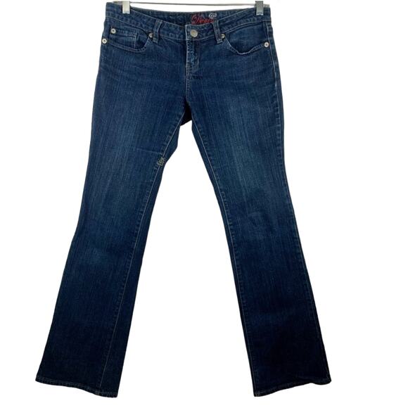 VTG FOX Racing Bootcut Denim Jeans Womens SZ 7 Rhinestone Embellished Logo Y2K - Picture 1 of 11